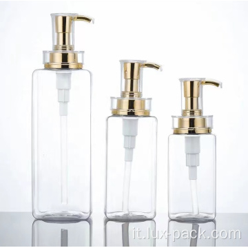 Pompa cosmetica in oro di lusso in fabbrica 500 ml bottiglia di shampoo in plastica quadrata quadrata personalizzata